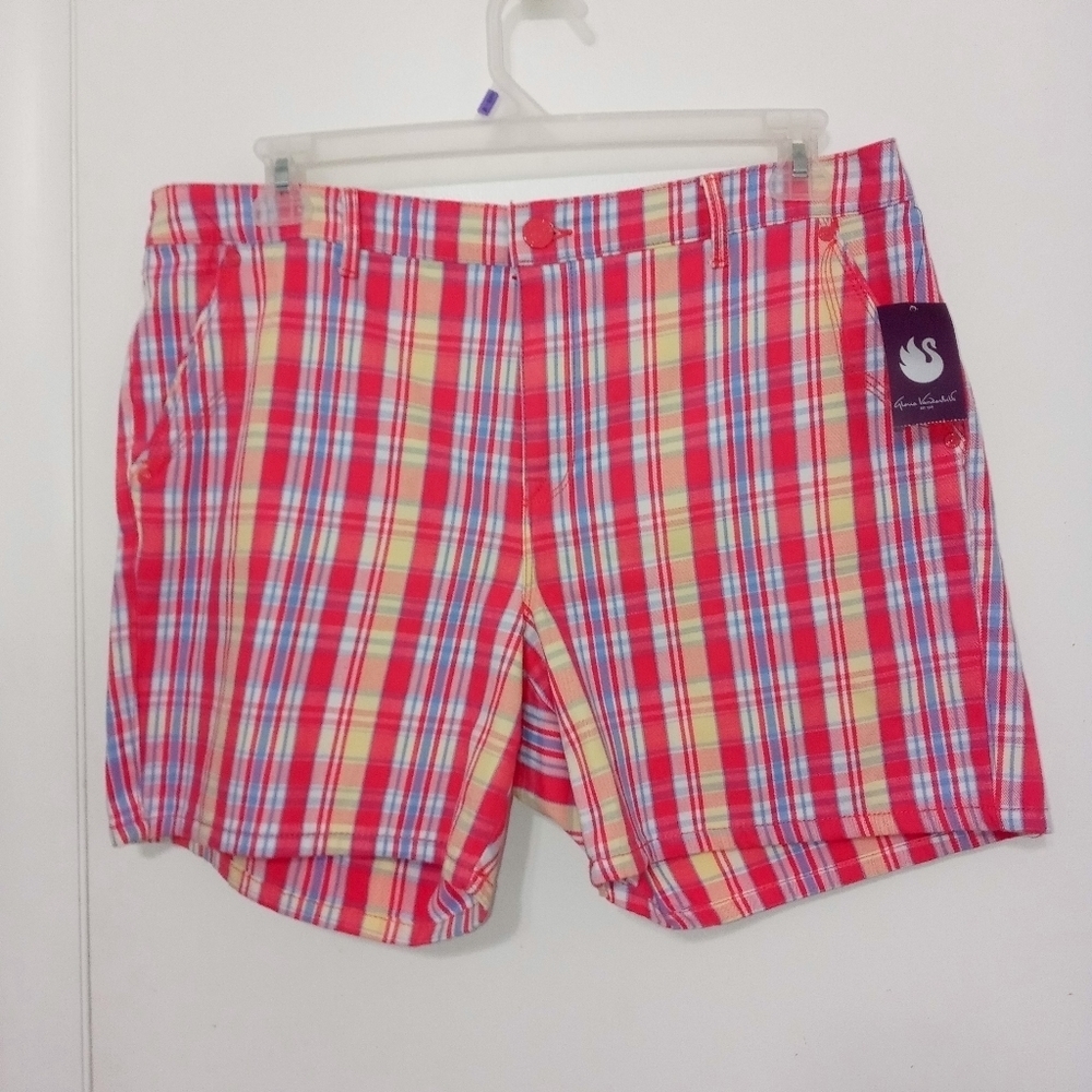 Gloria Vanderbilt pink blue yellow Plaid Stretch Denim Shorts pockets Size 14